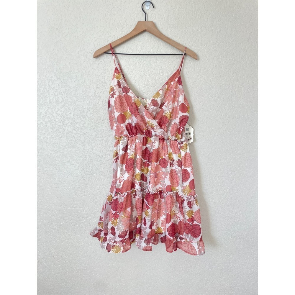 Altar'd State Pink & Peach Retro Flower Print Chiffon Mini Sundress M NWT